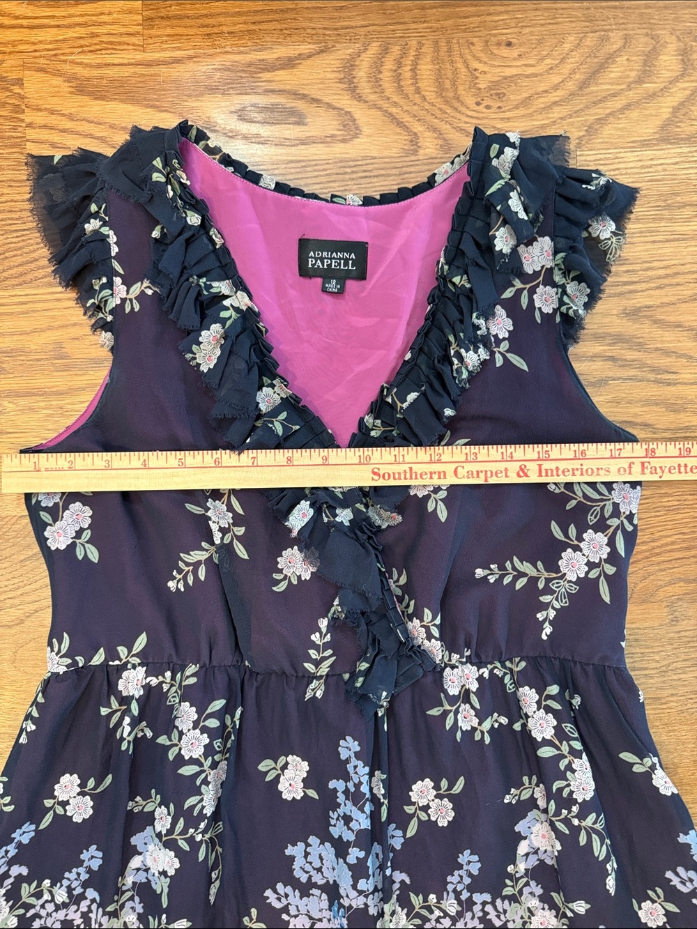 Adrianna Papell Silk Floral Ruffle Dress Size 12 Belted V-Neck Sleeveless - Picture 12 of 12